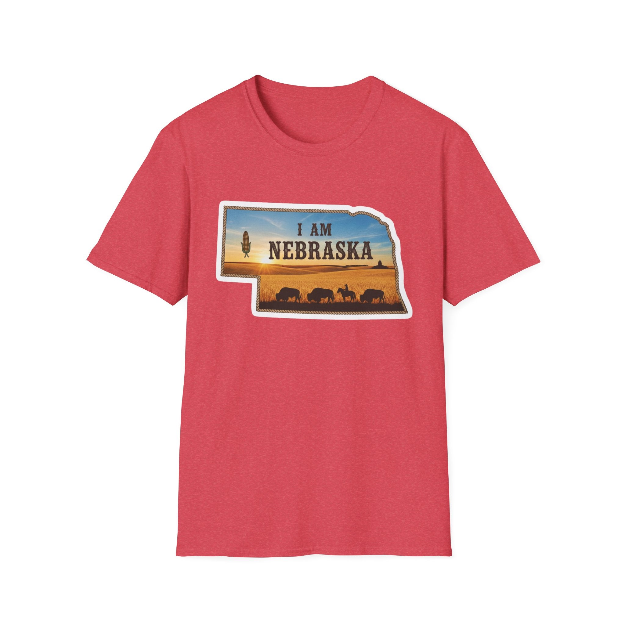 T-Shirt i am Nebraska, rot; Frontprint mit Nebraska-Text, Sonne und Kühen