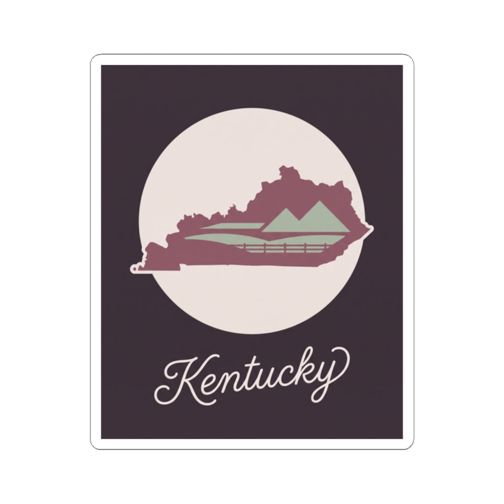 Kentucky silhouette vinyl sticker with mauve Kentucky shape, green bridge accents, and cursive Kentucky