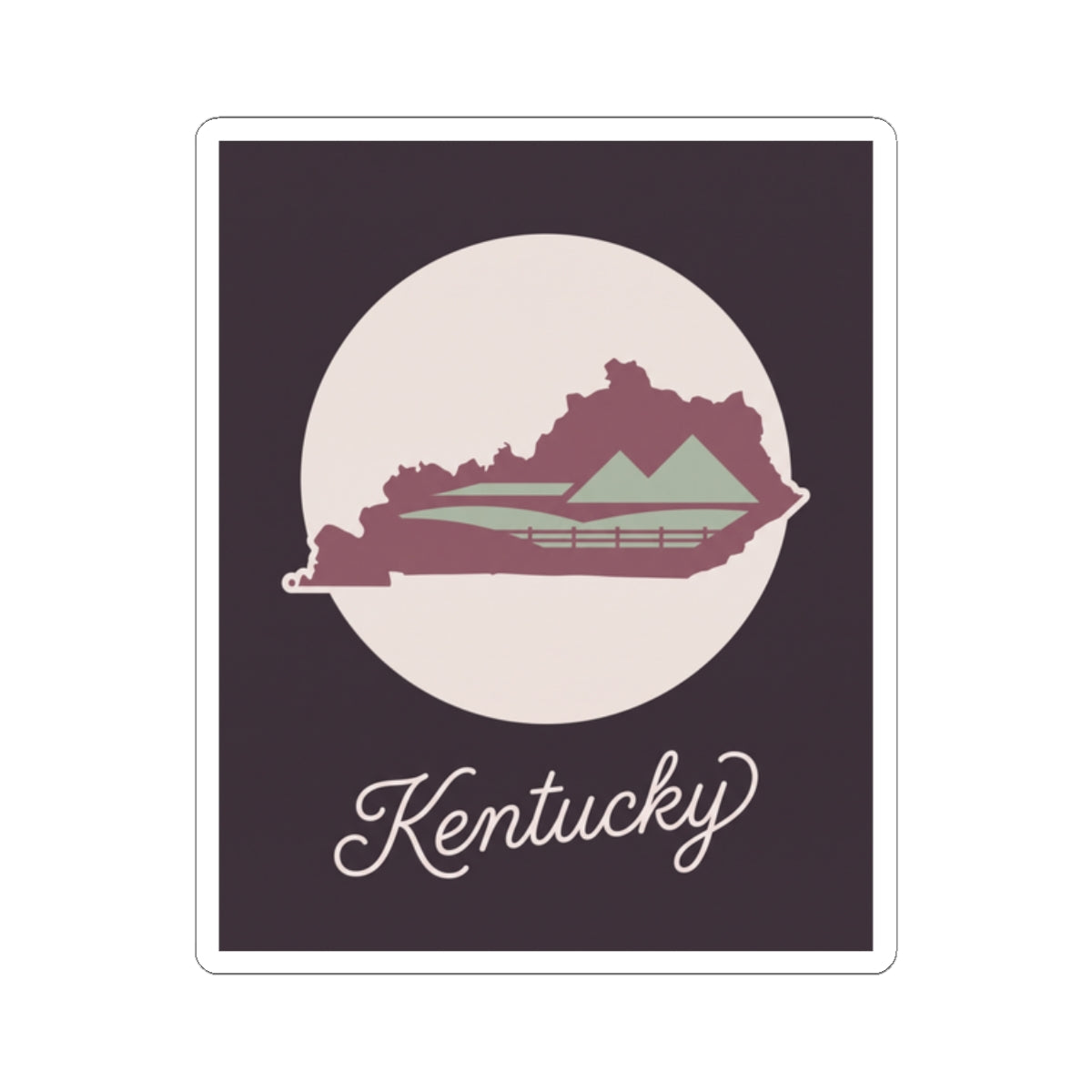 Kentucky silhouette vinyl sticker with mauve Kentucky shape, green bridge accents, and cursive Kentucky