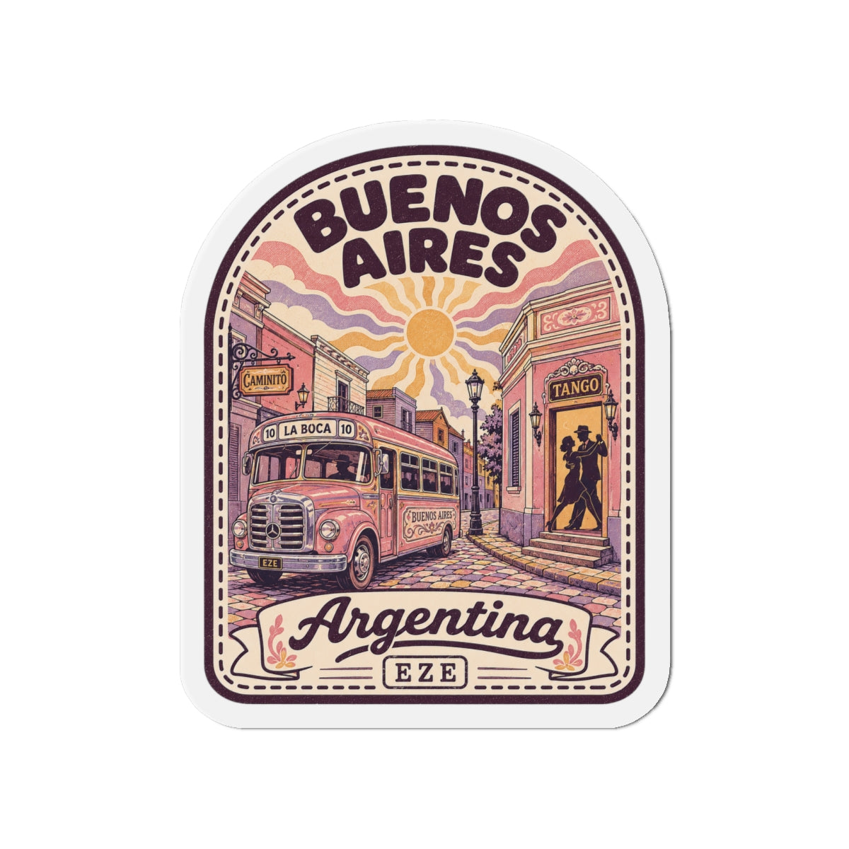 Arched die-cut magnet featuring Buenos Aires street scene and Argentina with EZE
