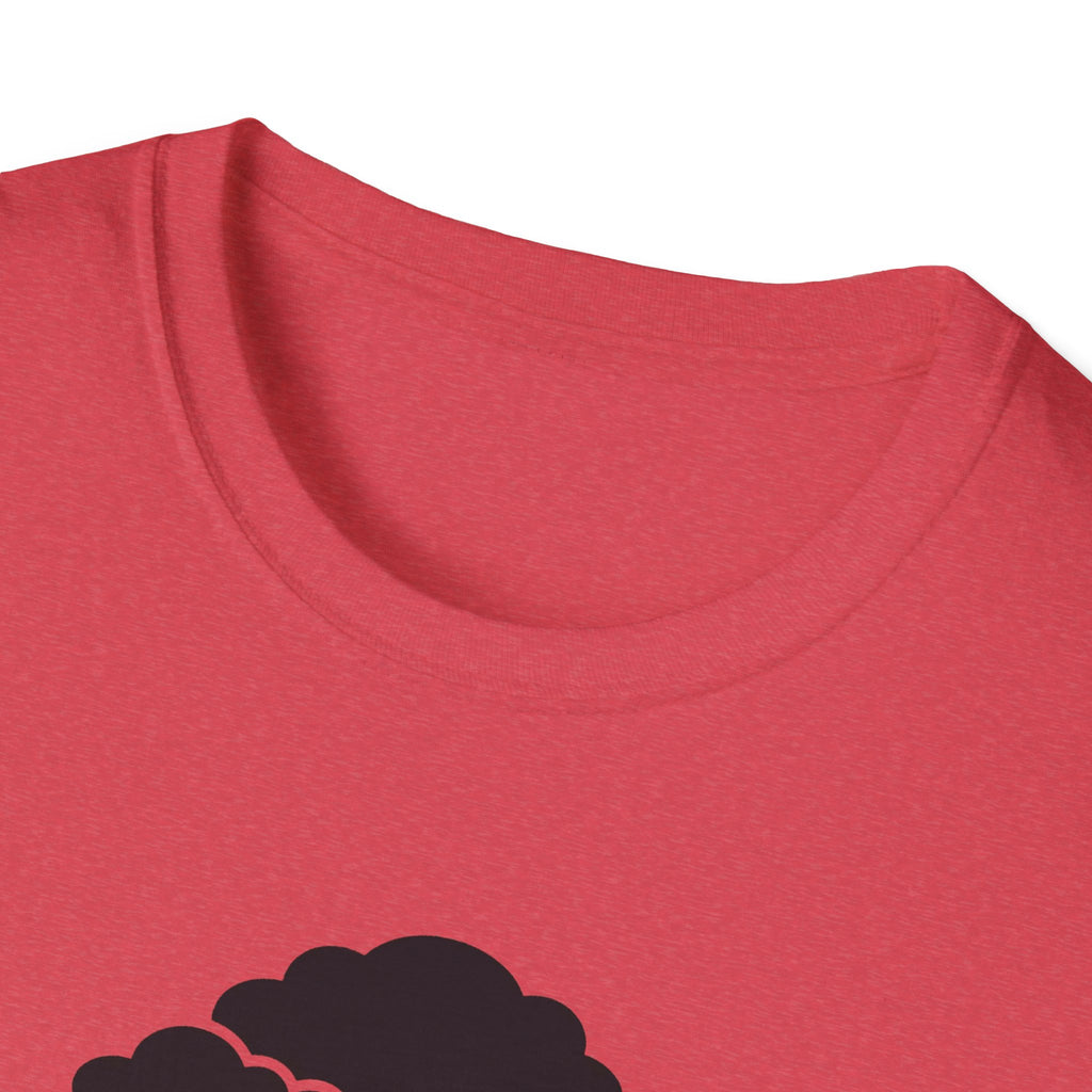 Red crew-neck T-shirt close-up with partial black bonsai tree graphic
