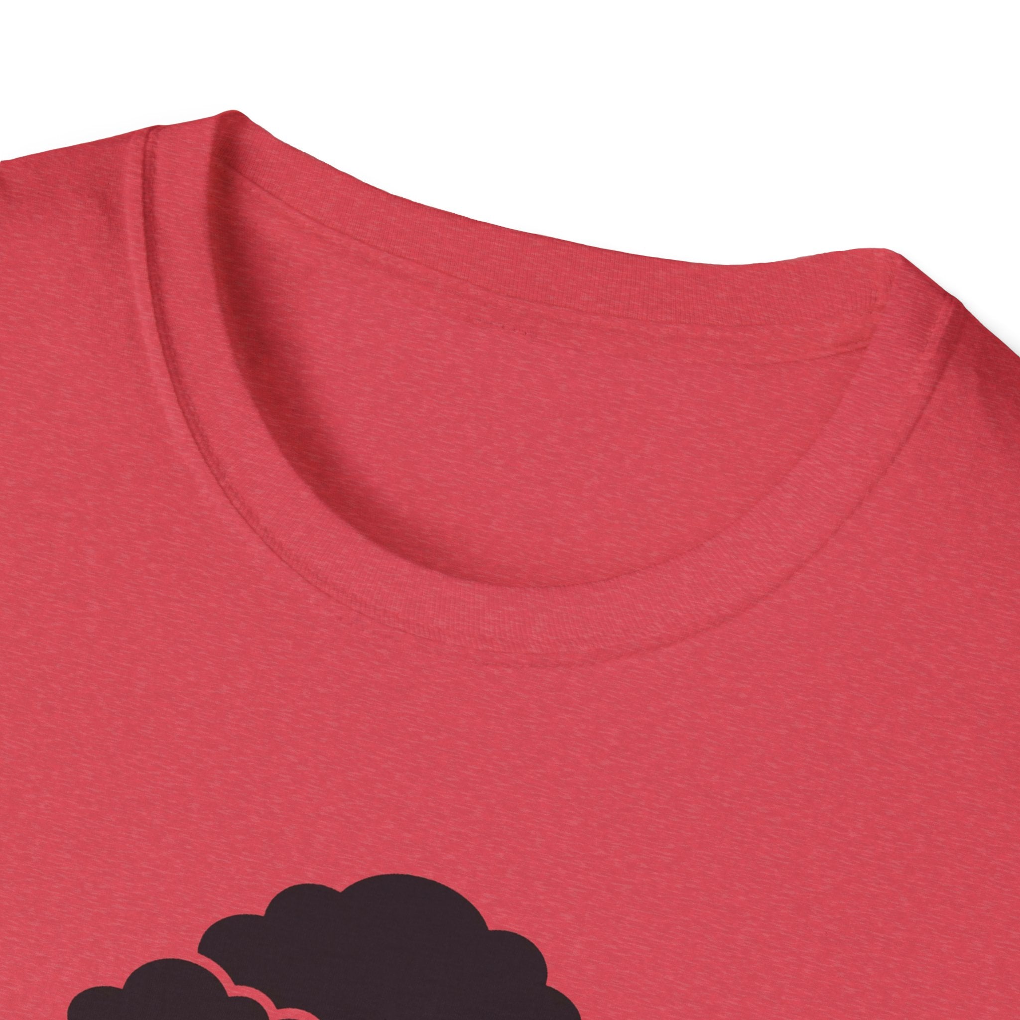 Red crew-neck T-shirt close-up with partial black bonsai tree graphic