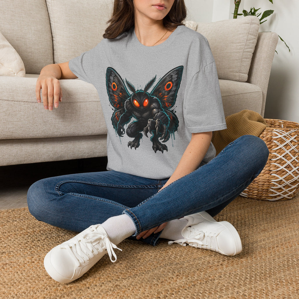 Light gray crewneck T-shirt with dark moth monster graphic and glowing orange eyes.