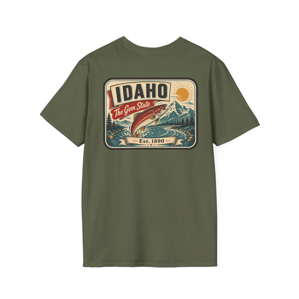 Military green t-shirt with Idaho travel badge graphic and trout illustration