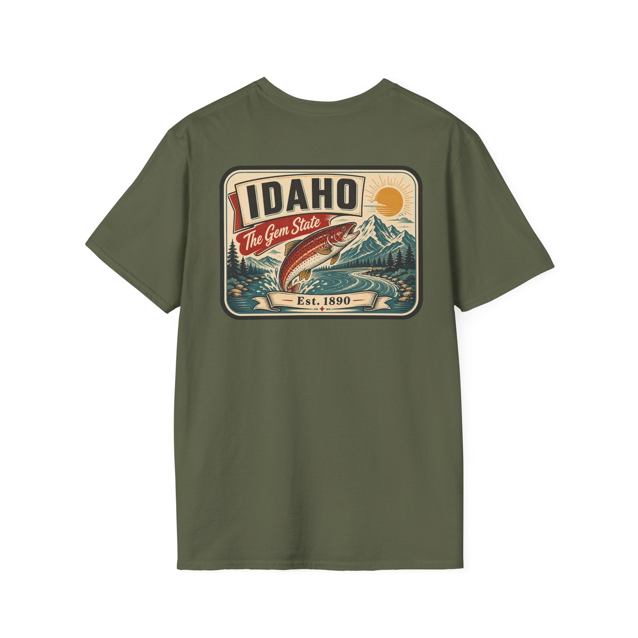 Military green t-shirt with Idaho travel badge graphic and trout illustration