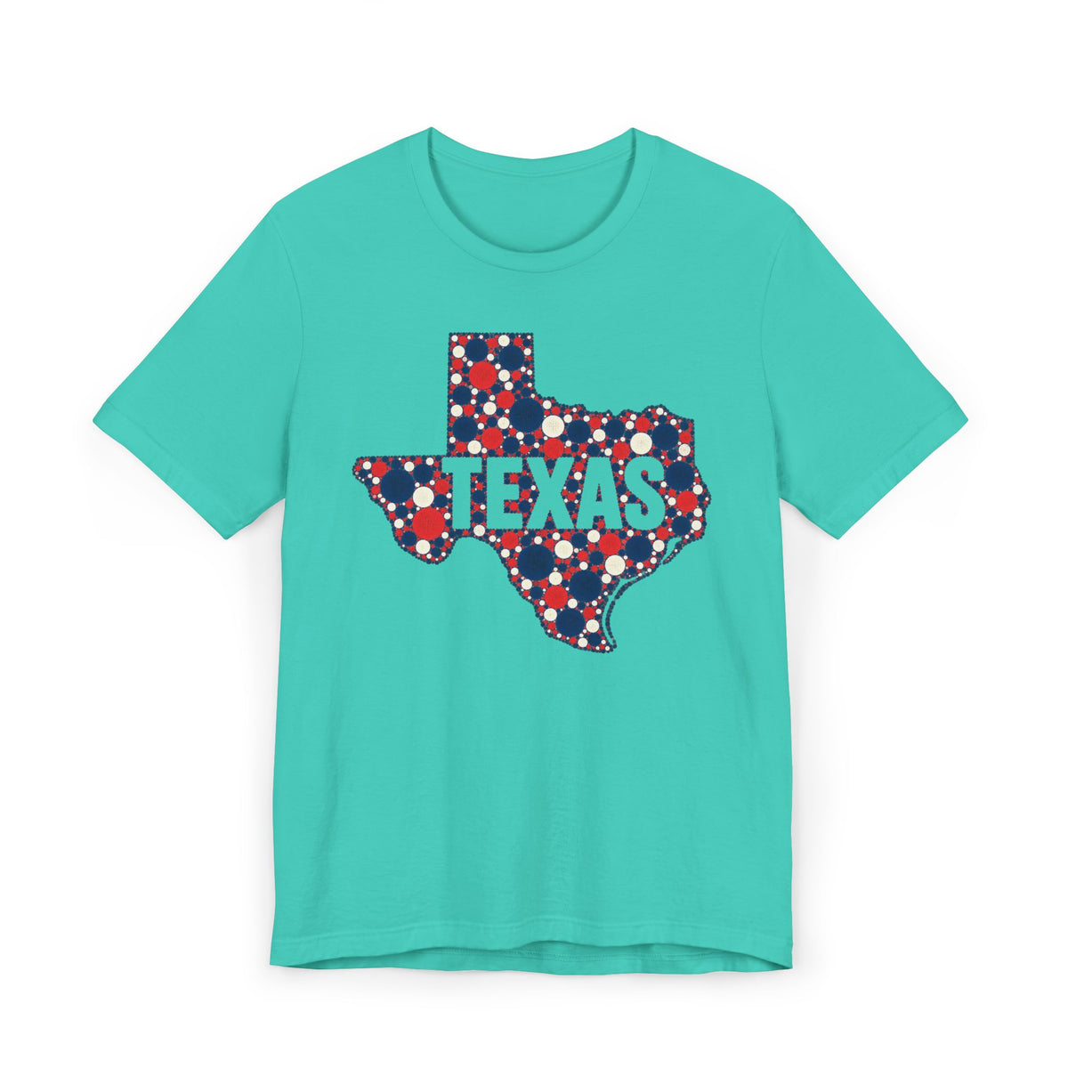 Teal Texas map graphic T-shirt with polka dot outline and “TEXAS” text