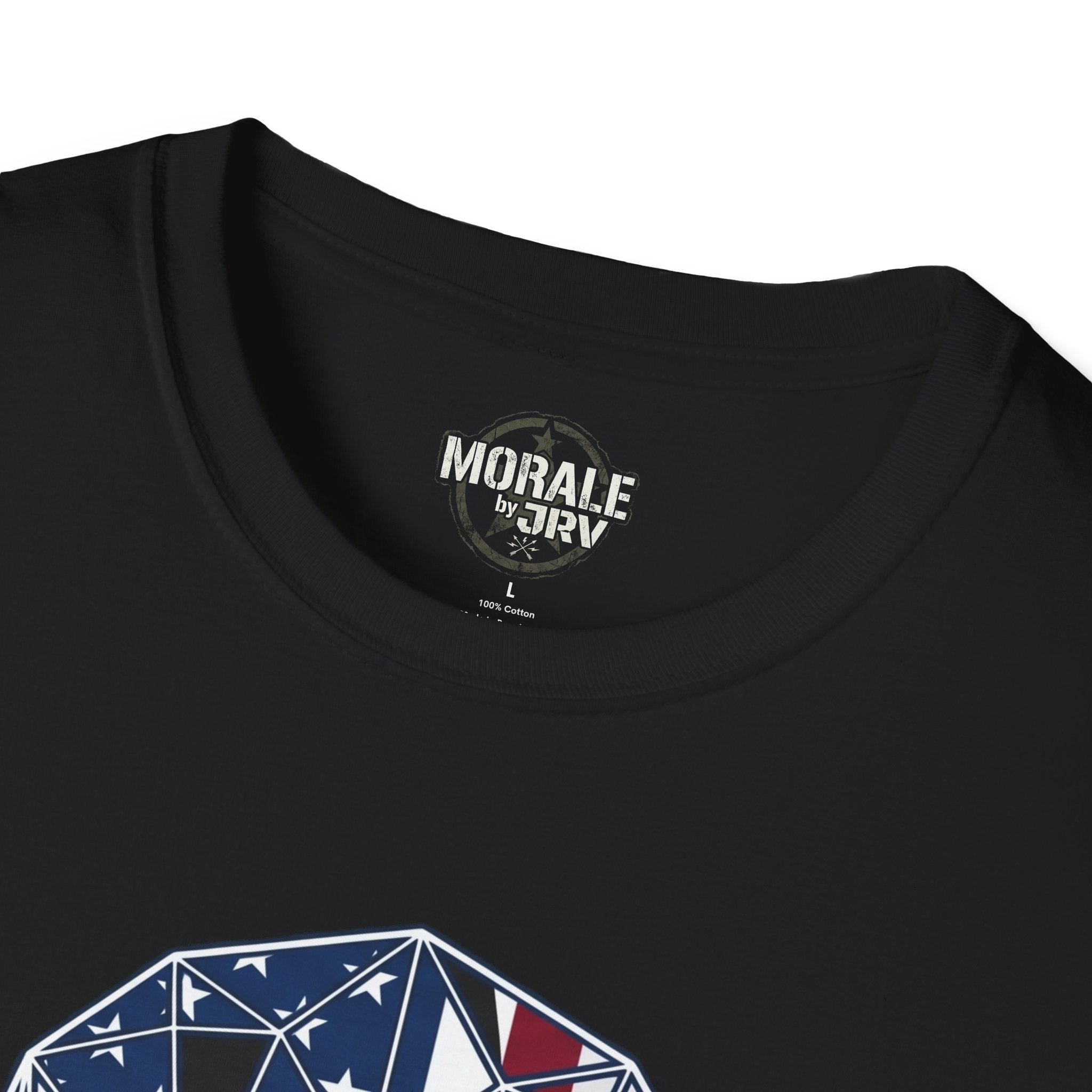 American Flag Skull Warrior Ethos T-Shirt, black collar and partial skull graphic close-up