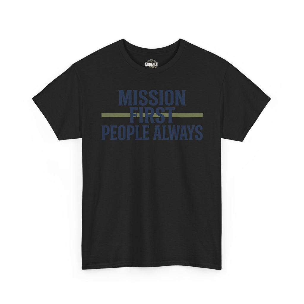 Black crewneck T-shirt with “MISSION FIRST PEOPLE ALWAYS” front graphic