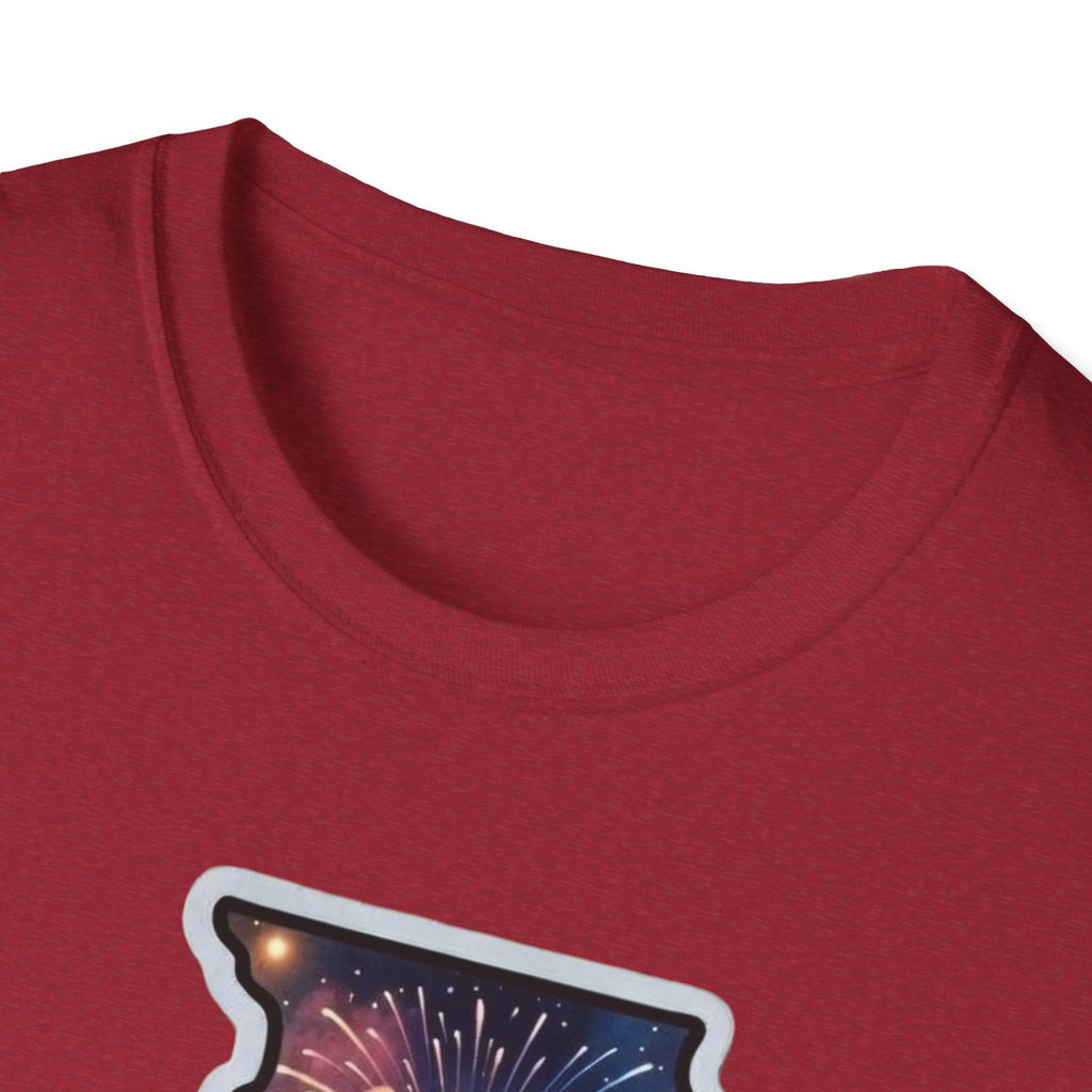 Illinois skyline state map T-shirt, maroon, partial fireworks city graphic near collar
