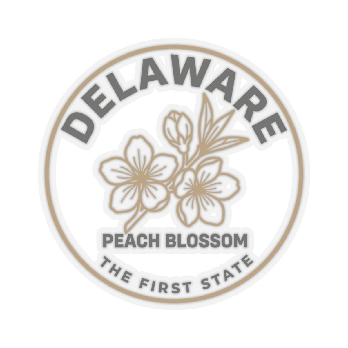 Transparent vinyl circular decal featuring arched DELAWARE and peach blossom flowers