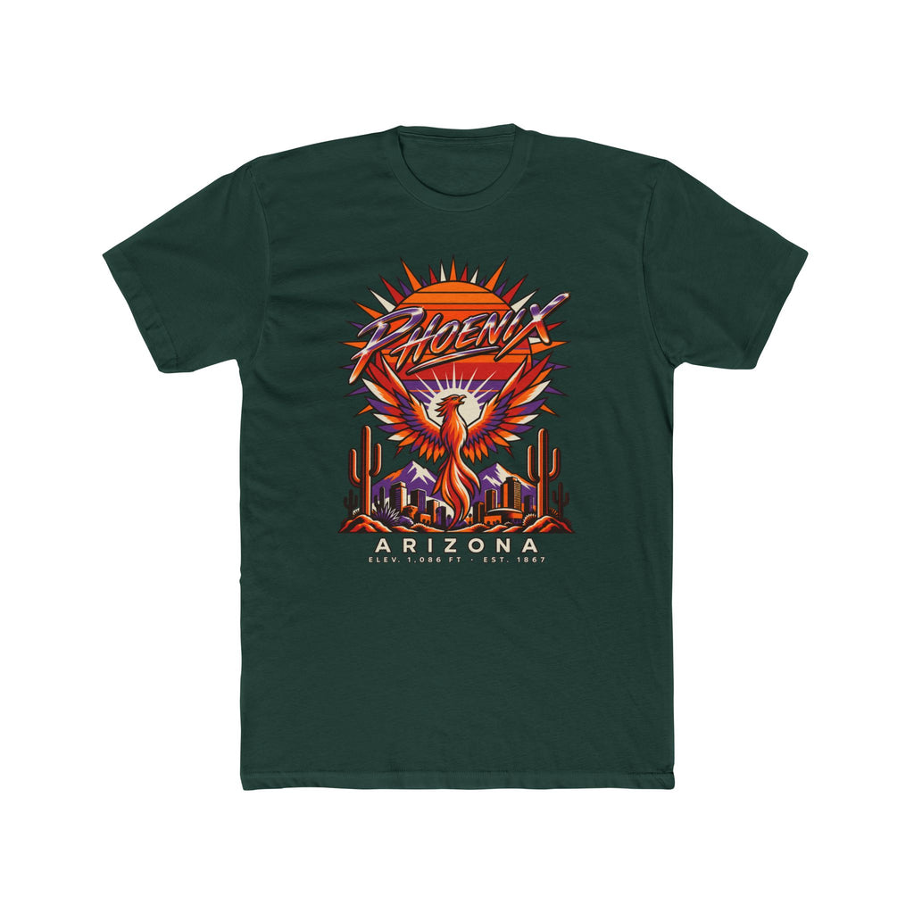 Dark forest green crew-neck T-shirt with colorful phoenix-and-cactus Arizona graphic