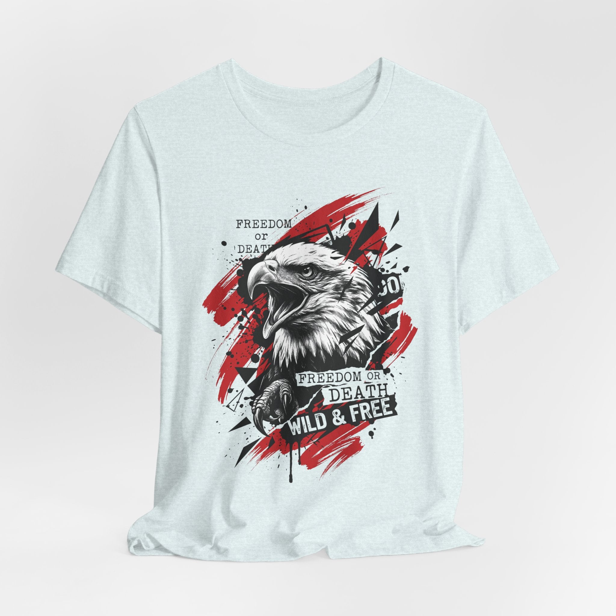 Light blue crewneck t-shirt with eagle head graphic and slogan text
