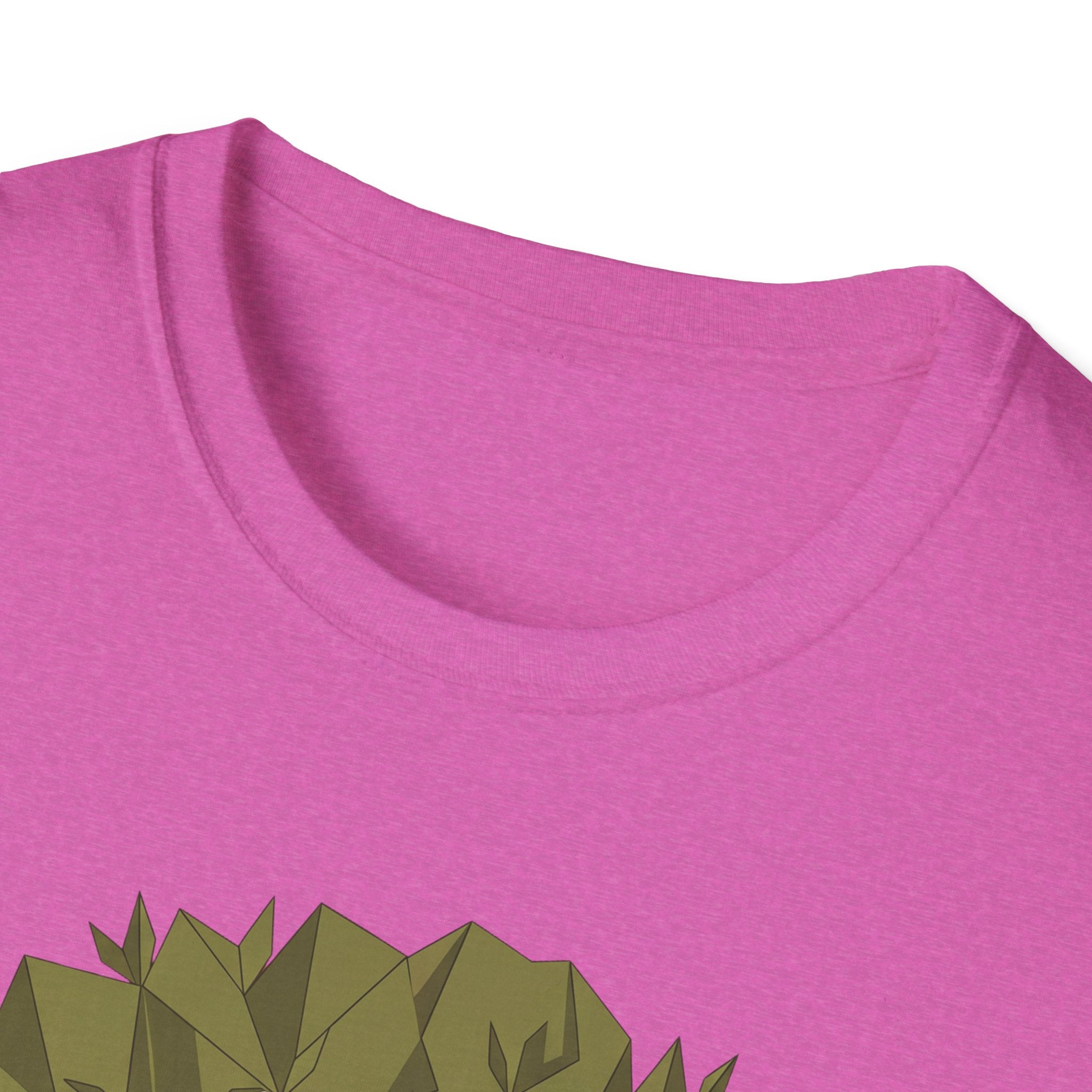 Twisted olive tree graphic T-shirt, magenta/pink, neckline and top of tree art