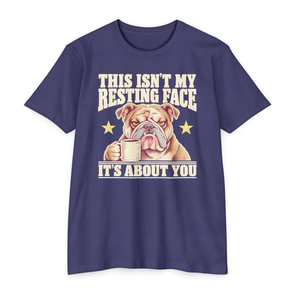 Purple short-sleeve T-shirt with grumpy bulldog holding a coffee mug graphic