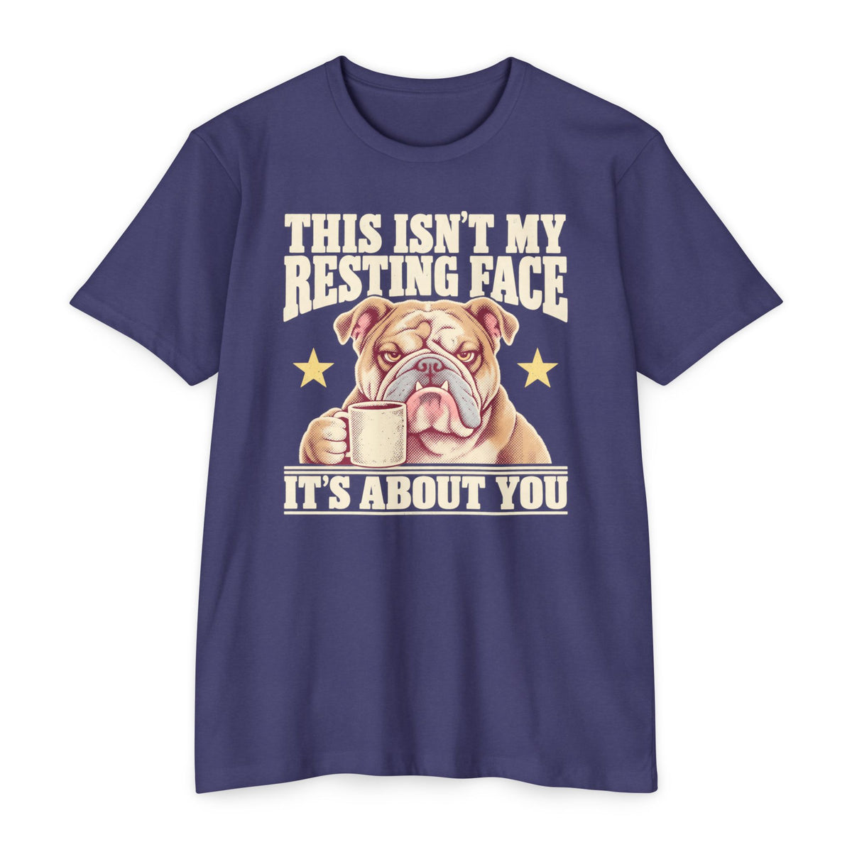 Purple short-sleeve T-shirt with grumpy bulldog holding a coffee mug graphic