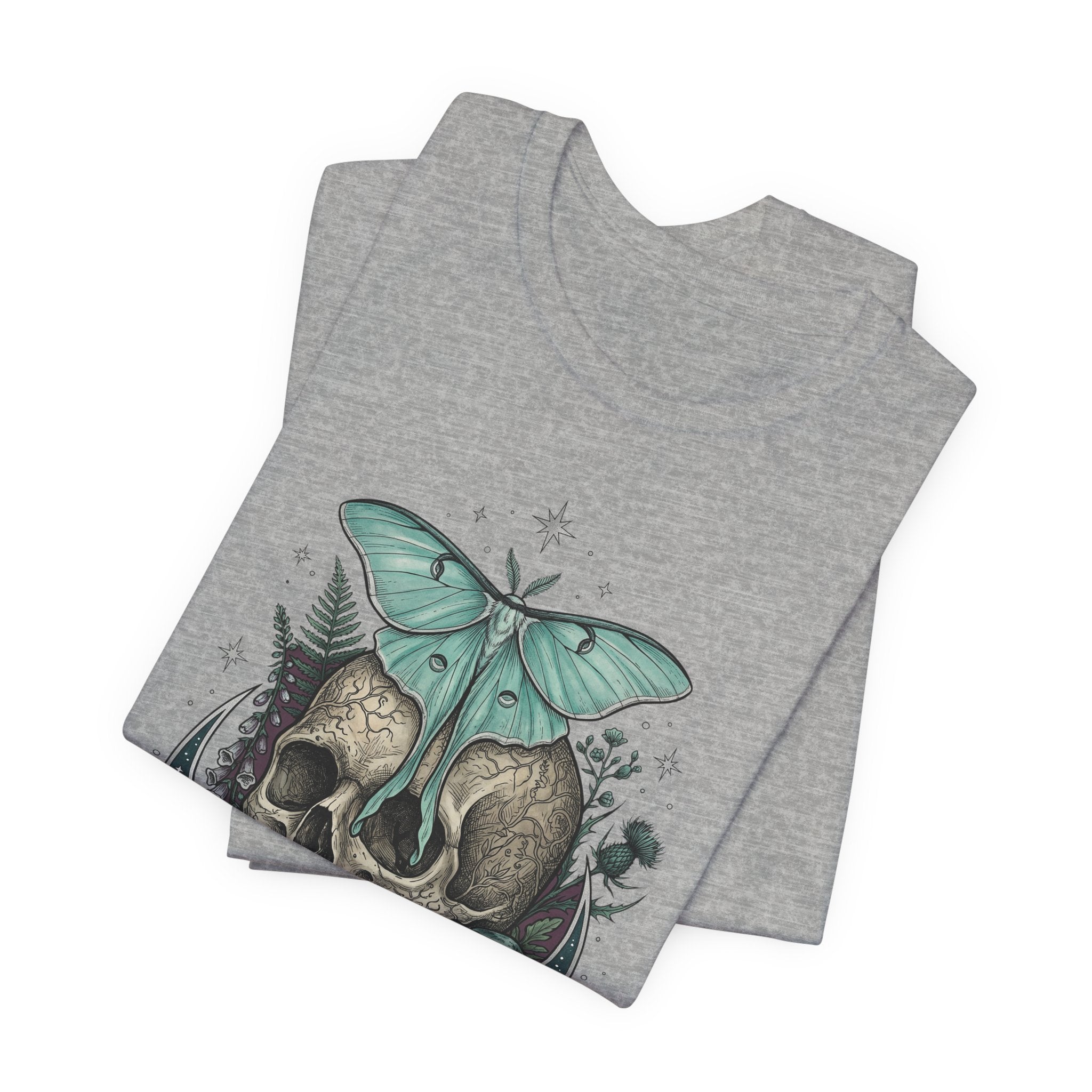 Gray heather T-shirt with teal moth and skull graphic on the front