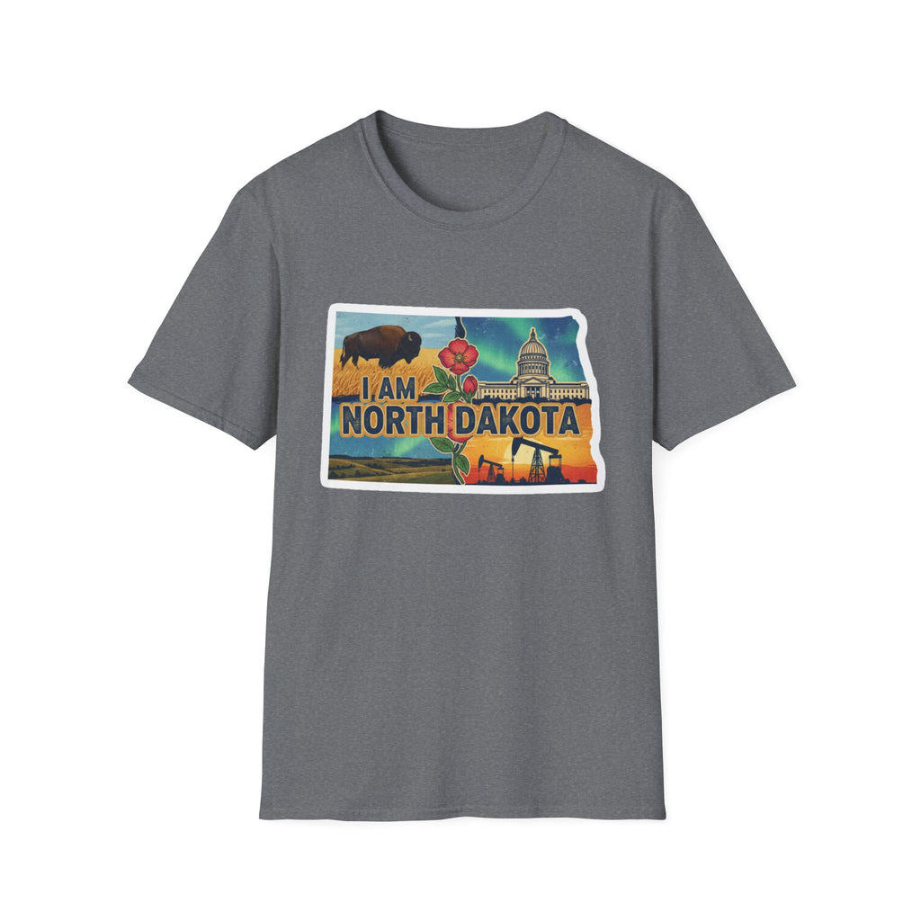 Camiseta gris oscuro jaspeada North Dakota con bisonte, flores y capitolio