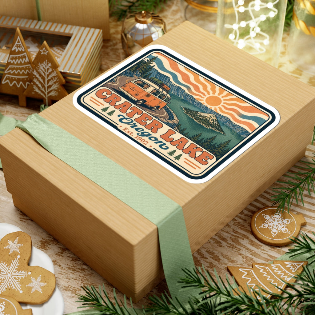 Kiss-cut sticker on gift box lid, retro Crater Lake Oregon text with camper van