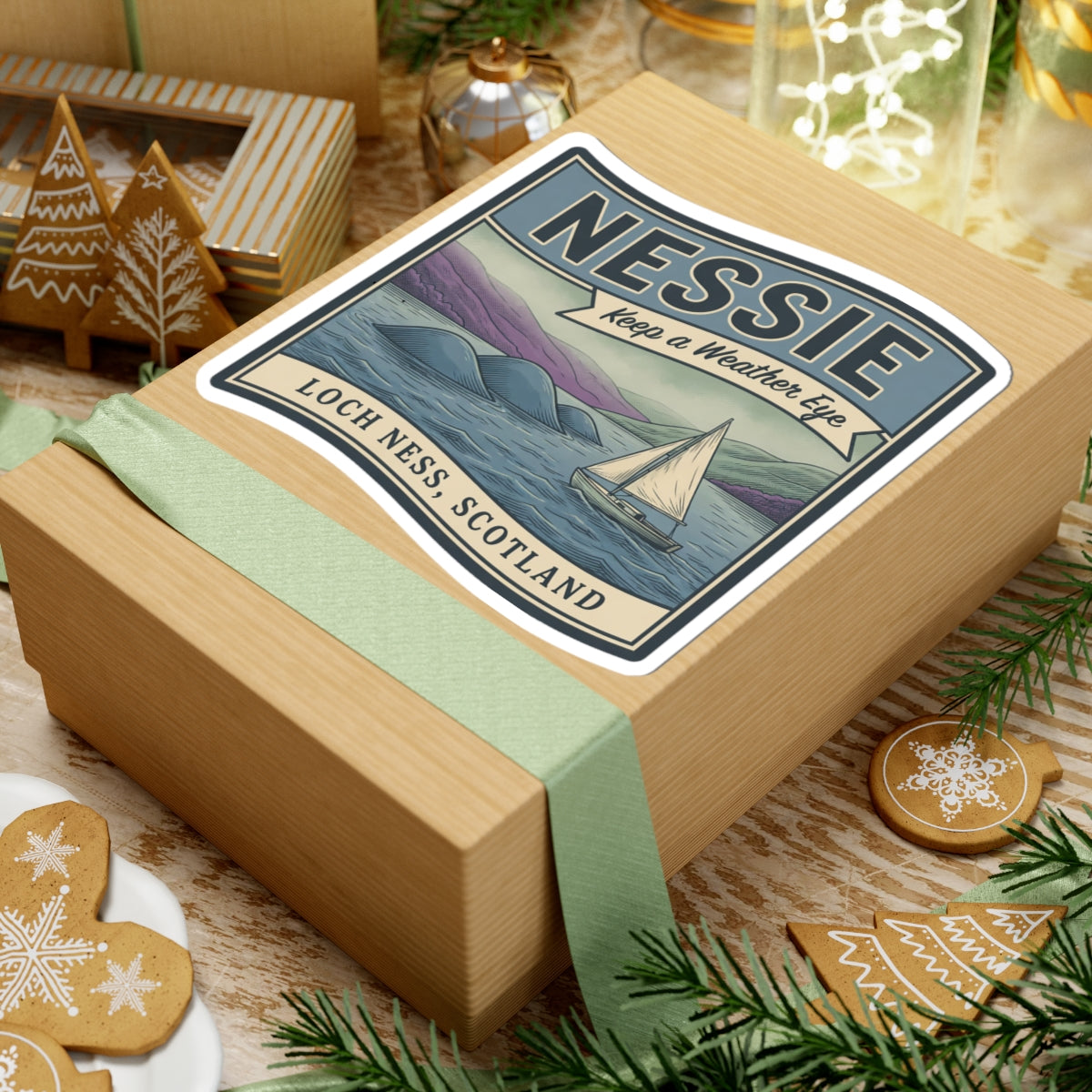 Loch Ness Scotland sticker on a gift box lid with Nessie and sailboat vintage design