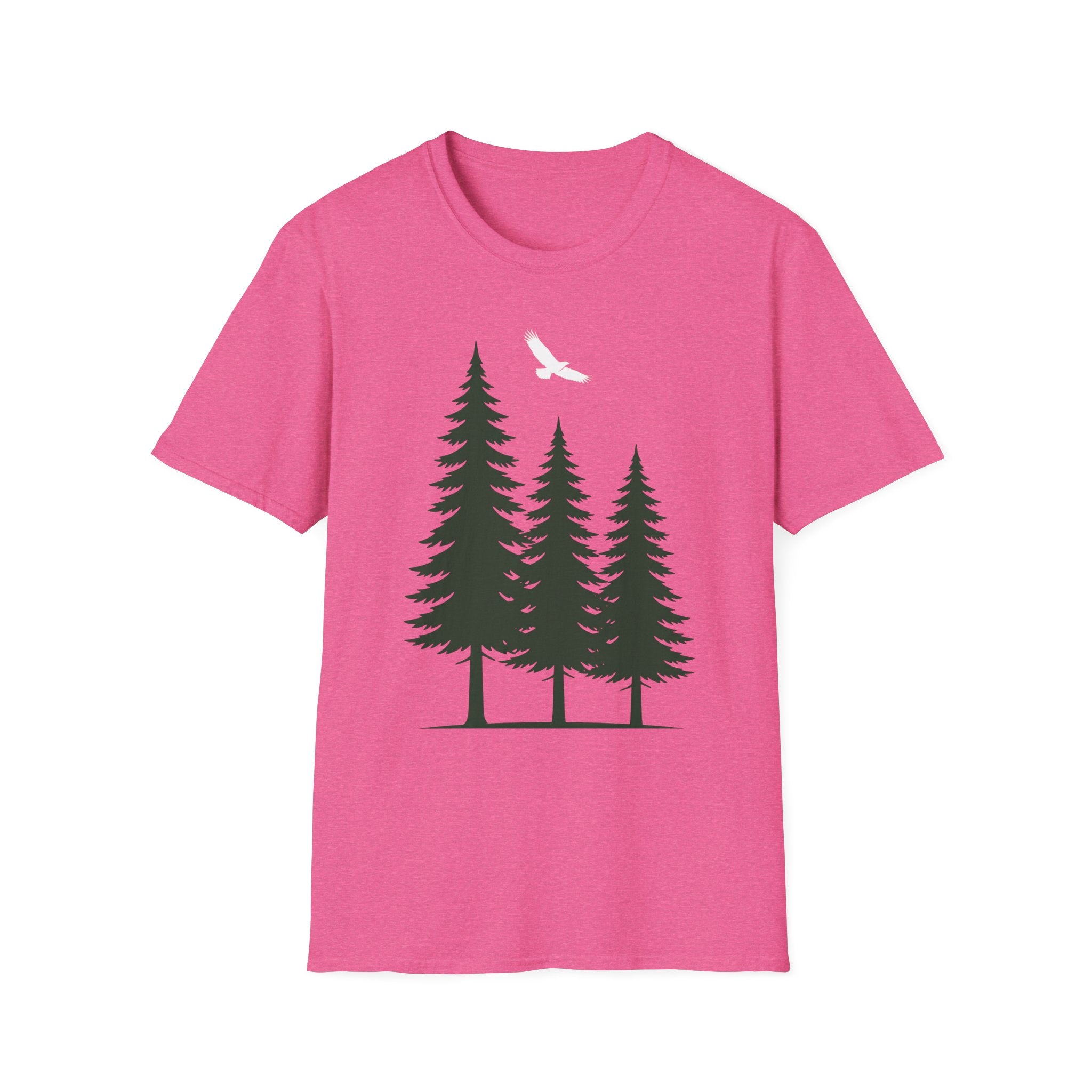 Forest nature T-shirt in pink with pine trees graphic and white soaring bird