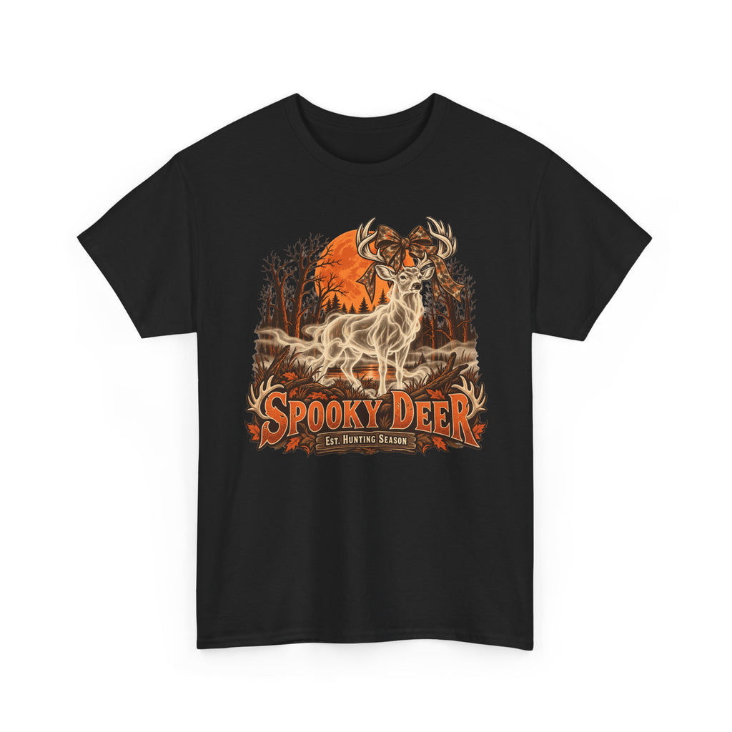 Black T-shirt with orange ghost deer hunting graphic on chest