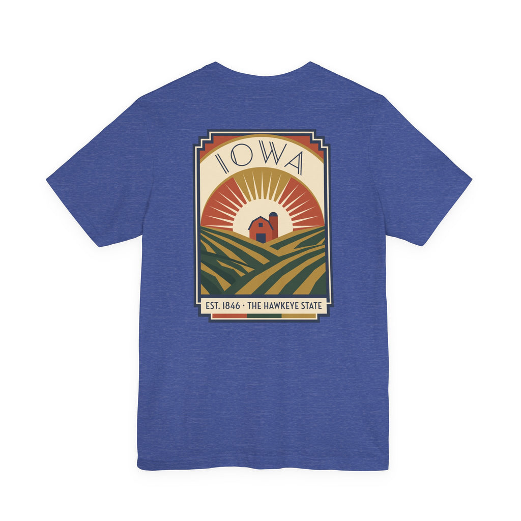 Blue t-shirt with centered IOWA art deco farm scene graphic