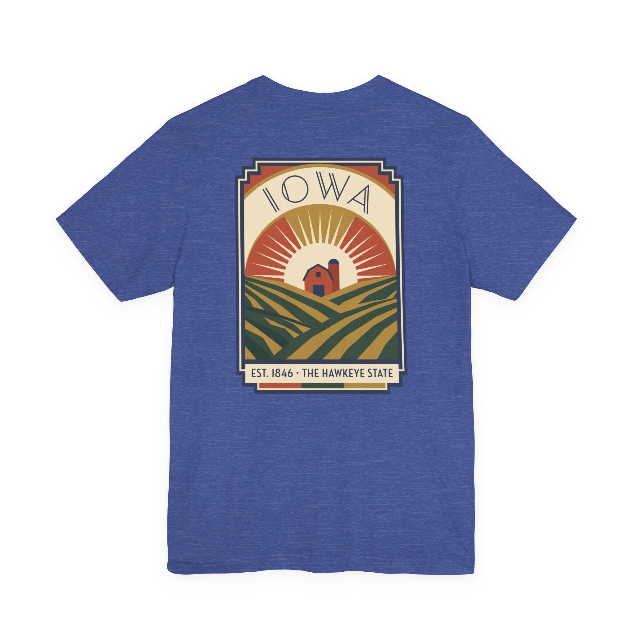Blue t-shirt with centered IOWA art deco farm scene graphic