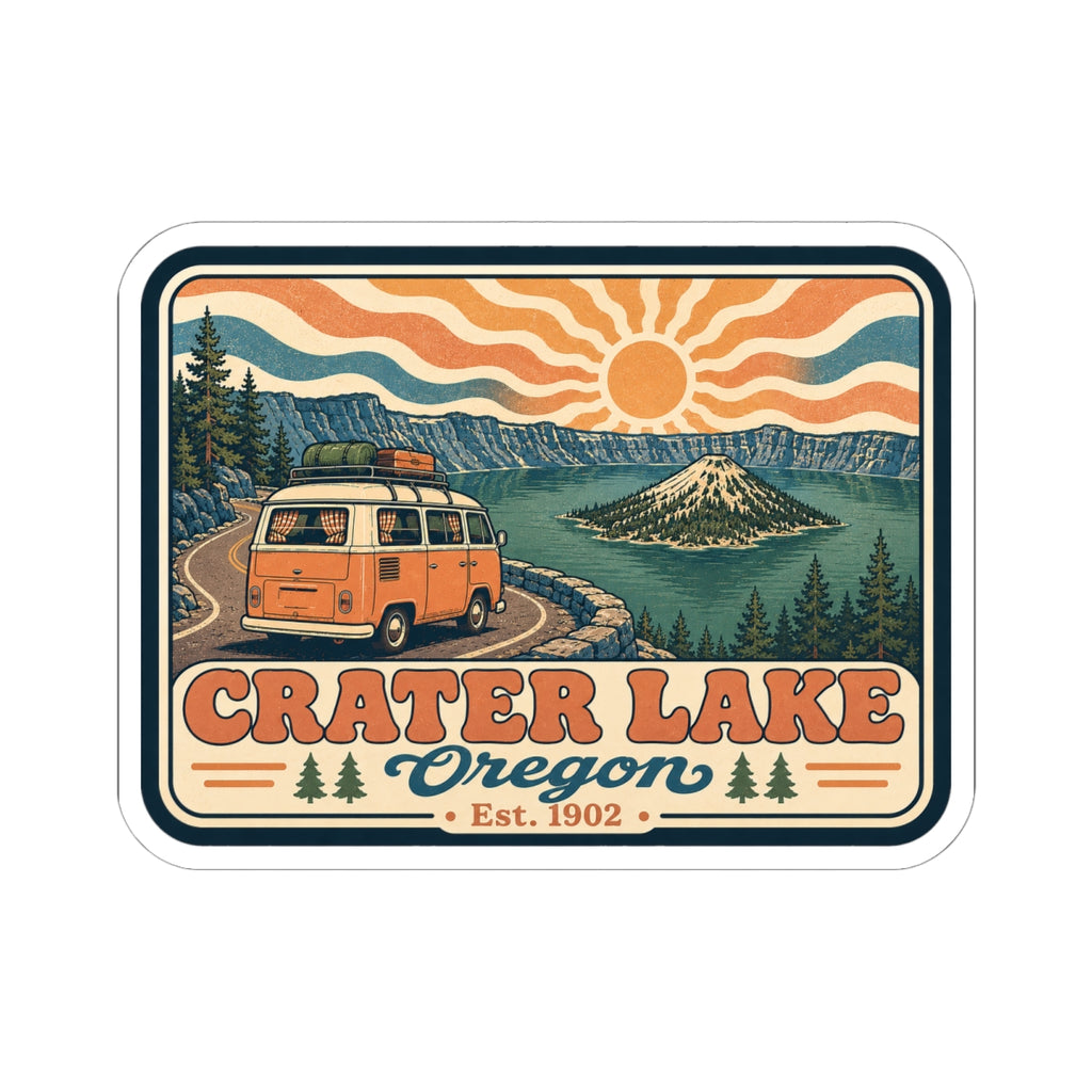 Kiss-cut sticker with retro Crater Lake Oregon lettering and mountain lake landscape