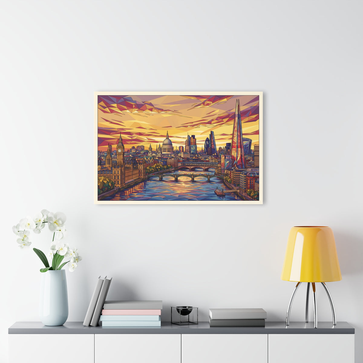 Framed acrylic glass wall art with low-poly London sunset city skyline print