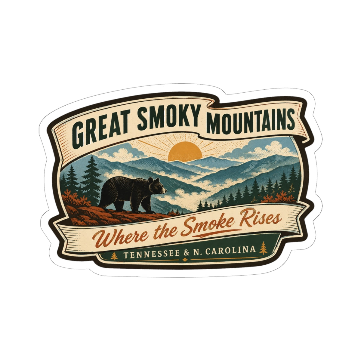 Great Smoky Mountains travel sticker, retro landscape with bear and pine trees; “Where the Smoke Rises”