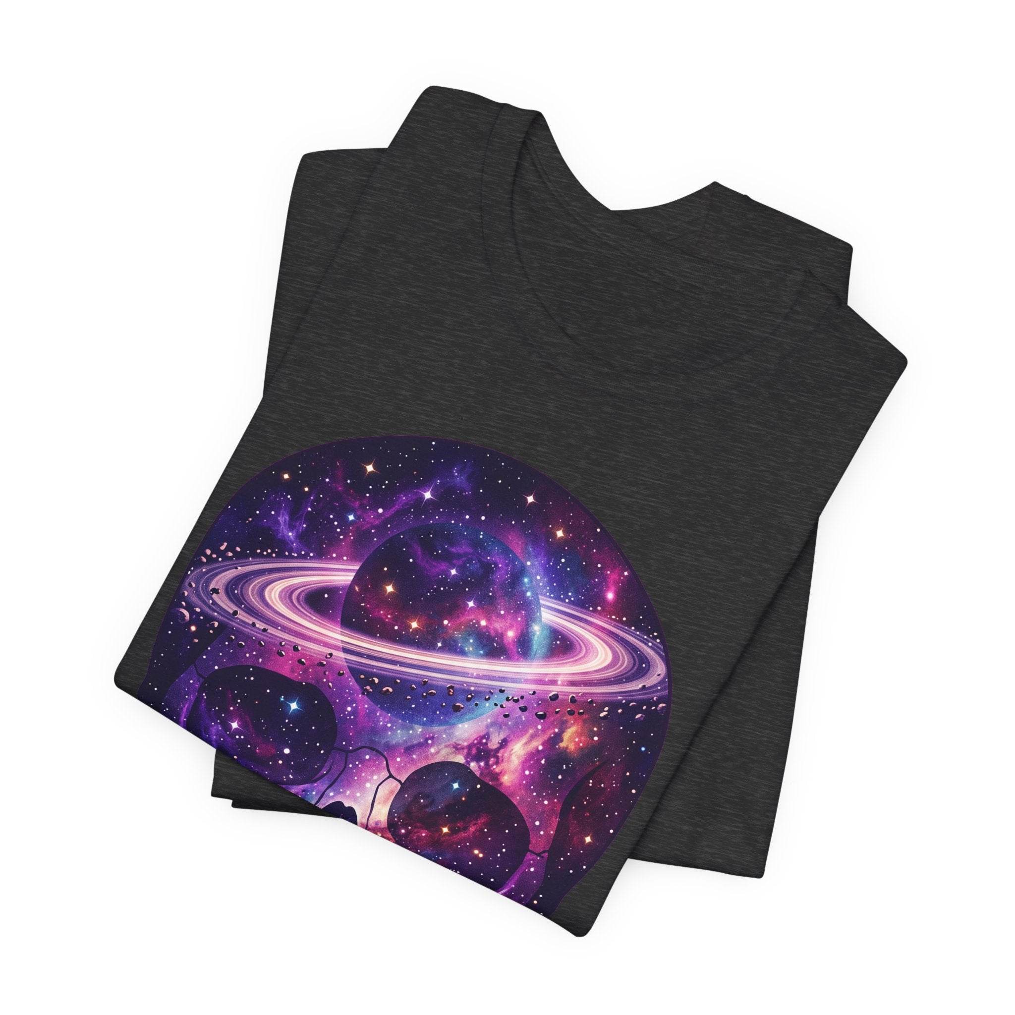 Galaxy skull T-shirt in dark gray heather, purple nebula skull graphic on fold