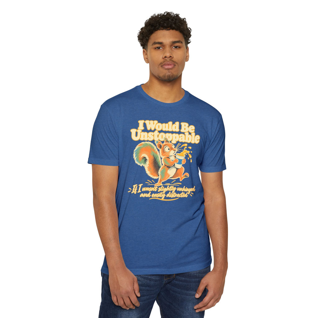 Light blue crewneck T-shirt with colorful squirrel graphic and text on front.