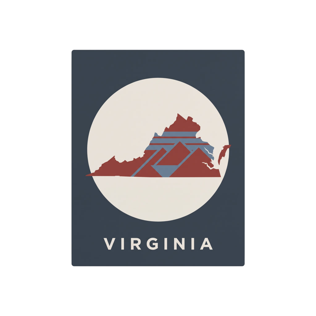 Virginia metal sign: dark blue square with circular map artwork and “VIRGINIA” lettering