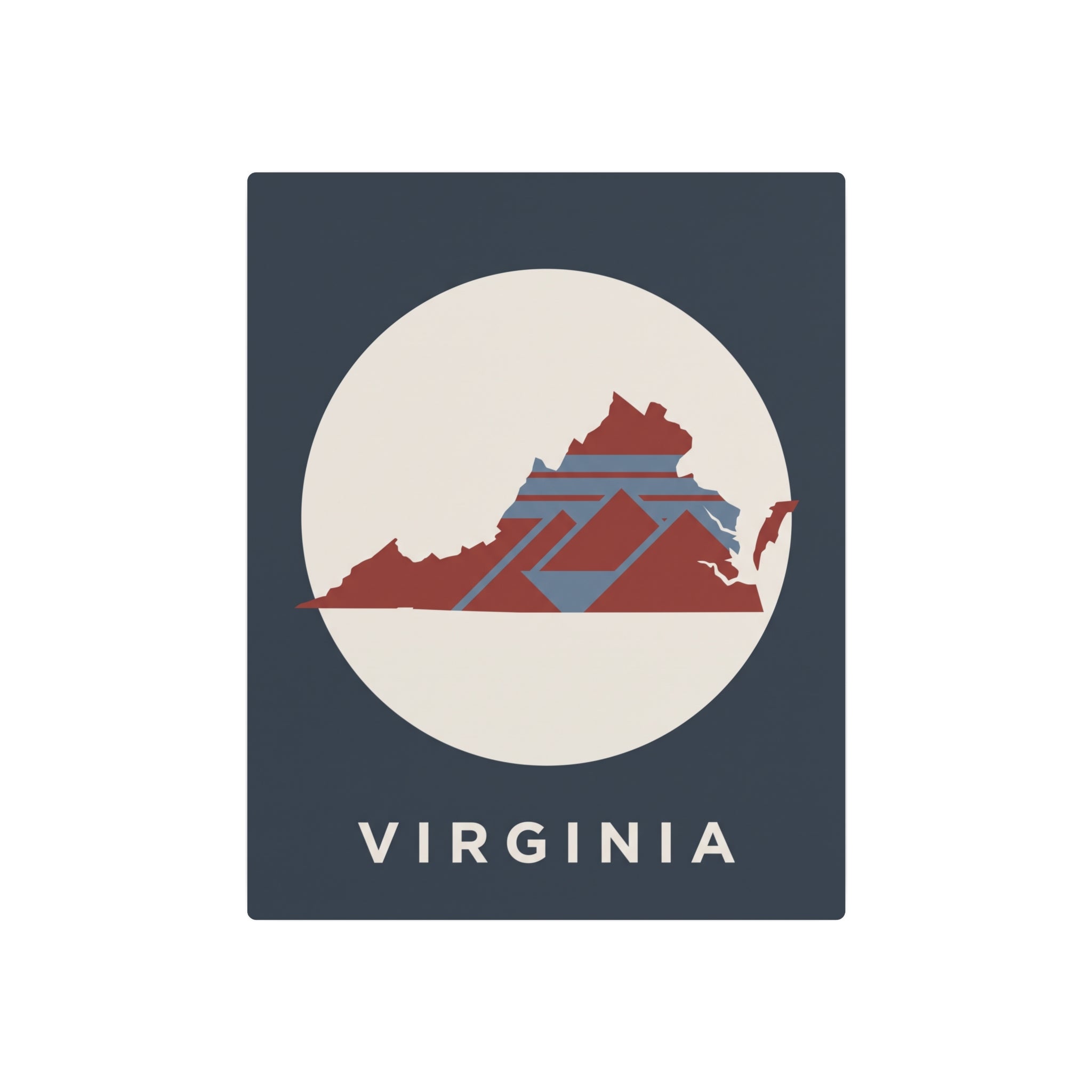Virginia metal sign: dark blue square with circular map artwork and “VIRGINIA” lettering