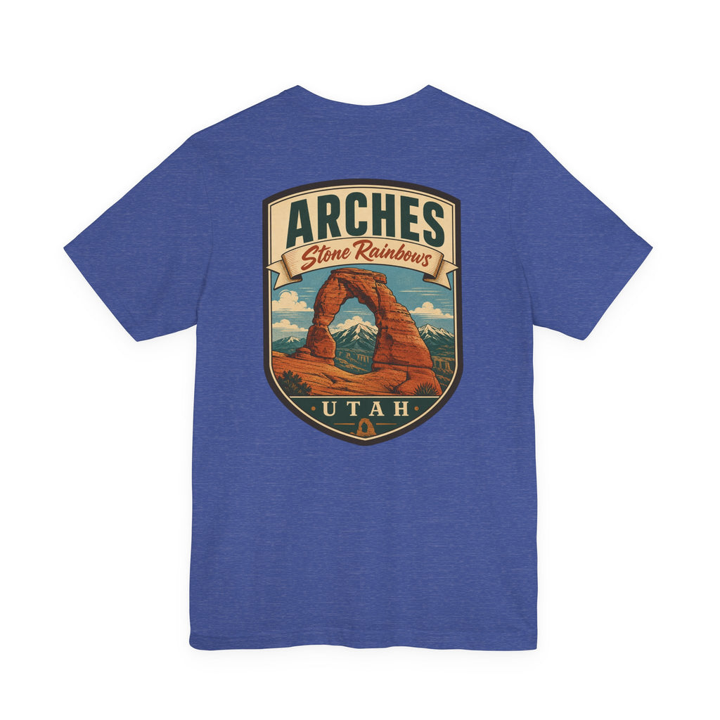 Royal blue T-shirt with large Arches Utah logo graphic showing stone arch landscape