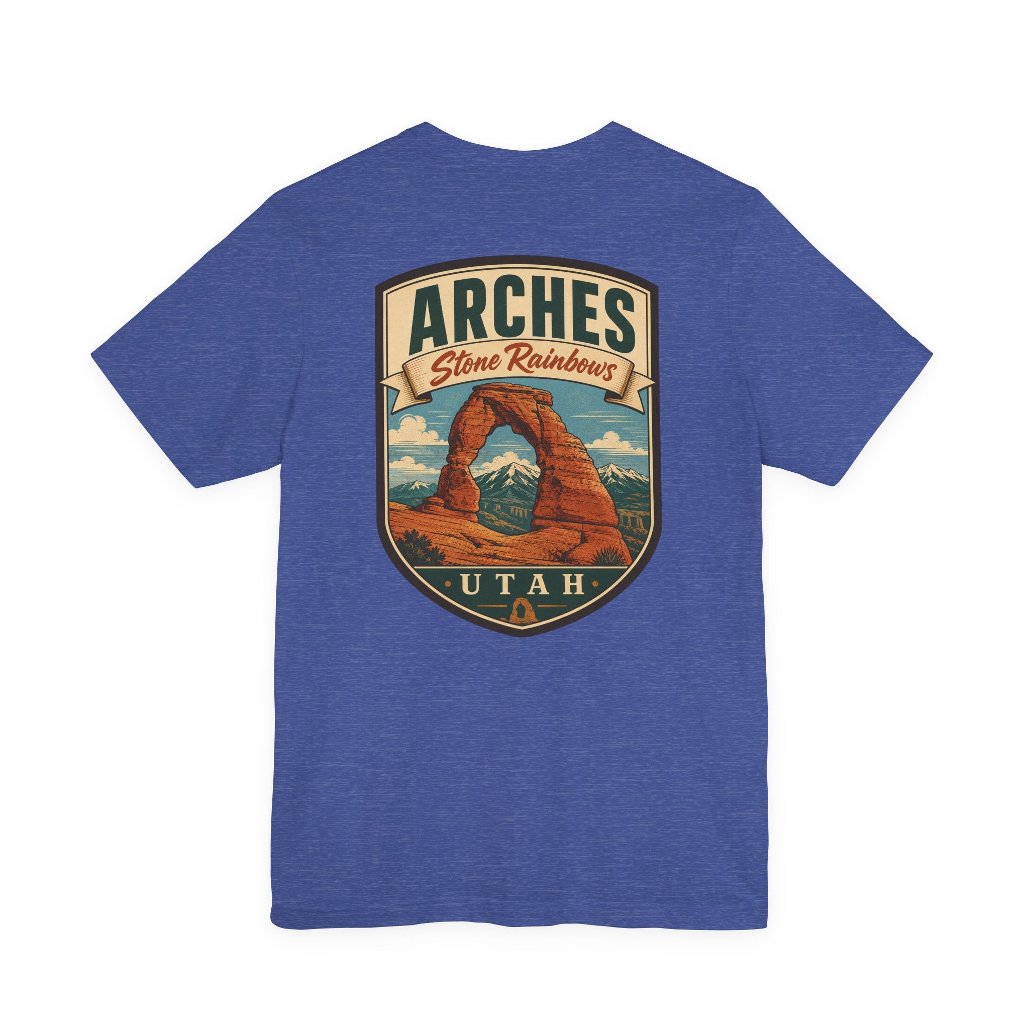 Royal blue T-shirt with large Arches Utah logo graphic showing stone arch landscape