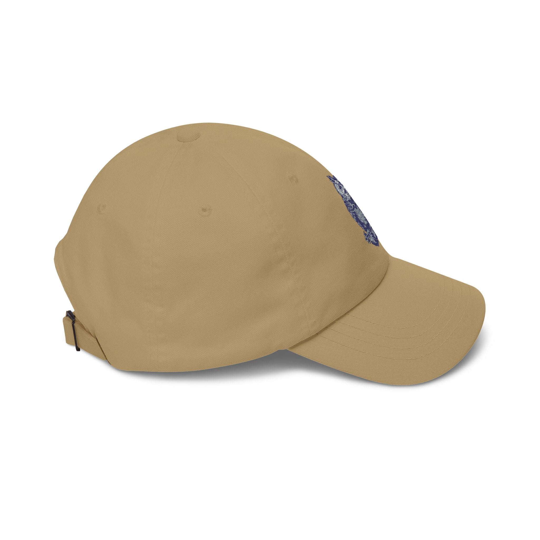 Khaki dad cap with embroidered owl detail, curved brim and low-profile crown