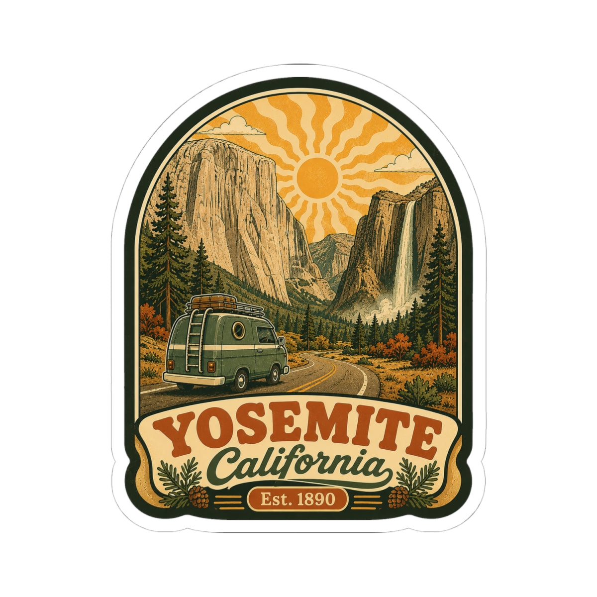 Retro Yosemite California vinyl sticker featuring vintage green camper van on mountain road