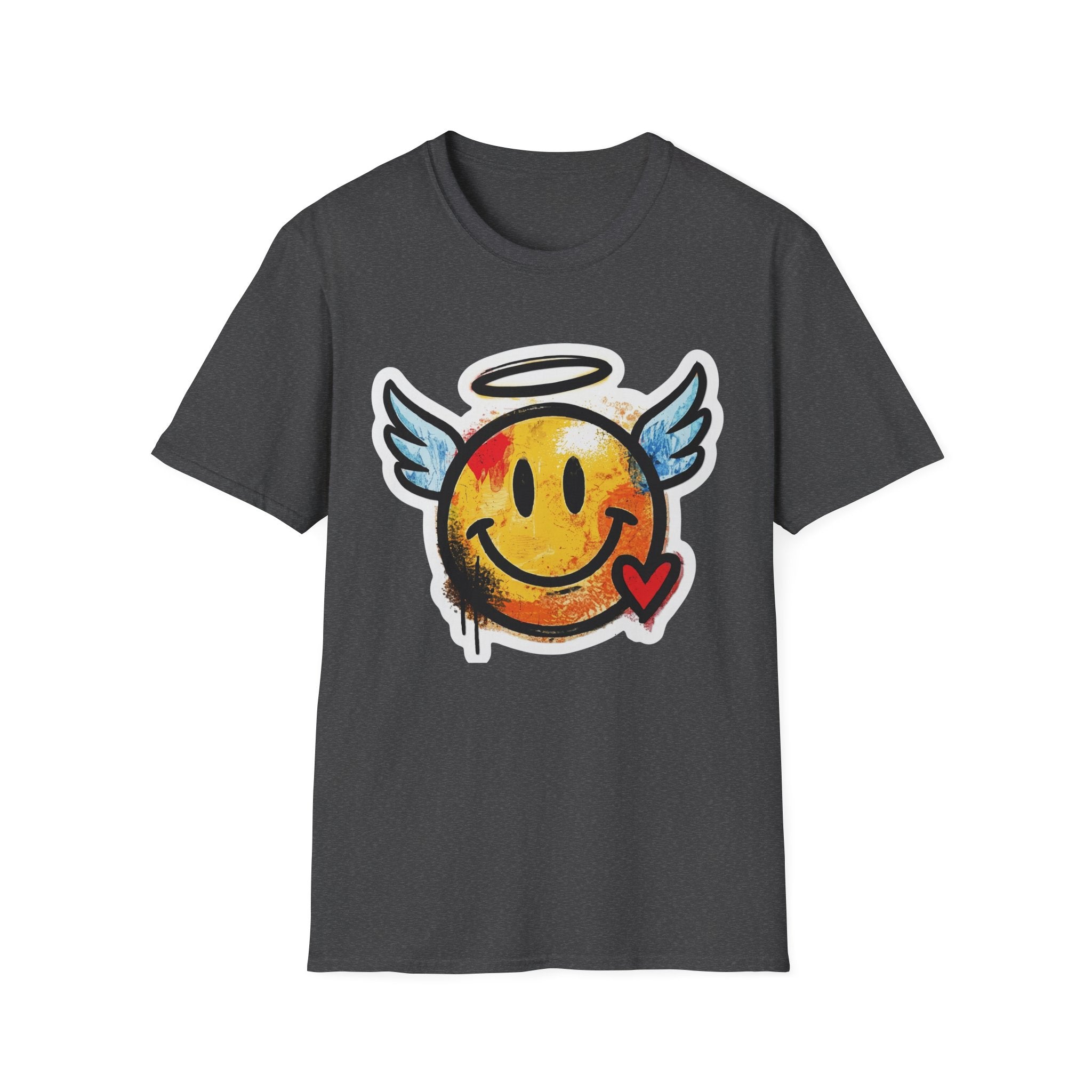 Graffiti Angel Smiley T-Shirt (Dark Heather): Smiley mit Engelsflügeln und Herzdruck