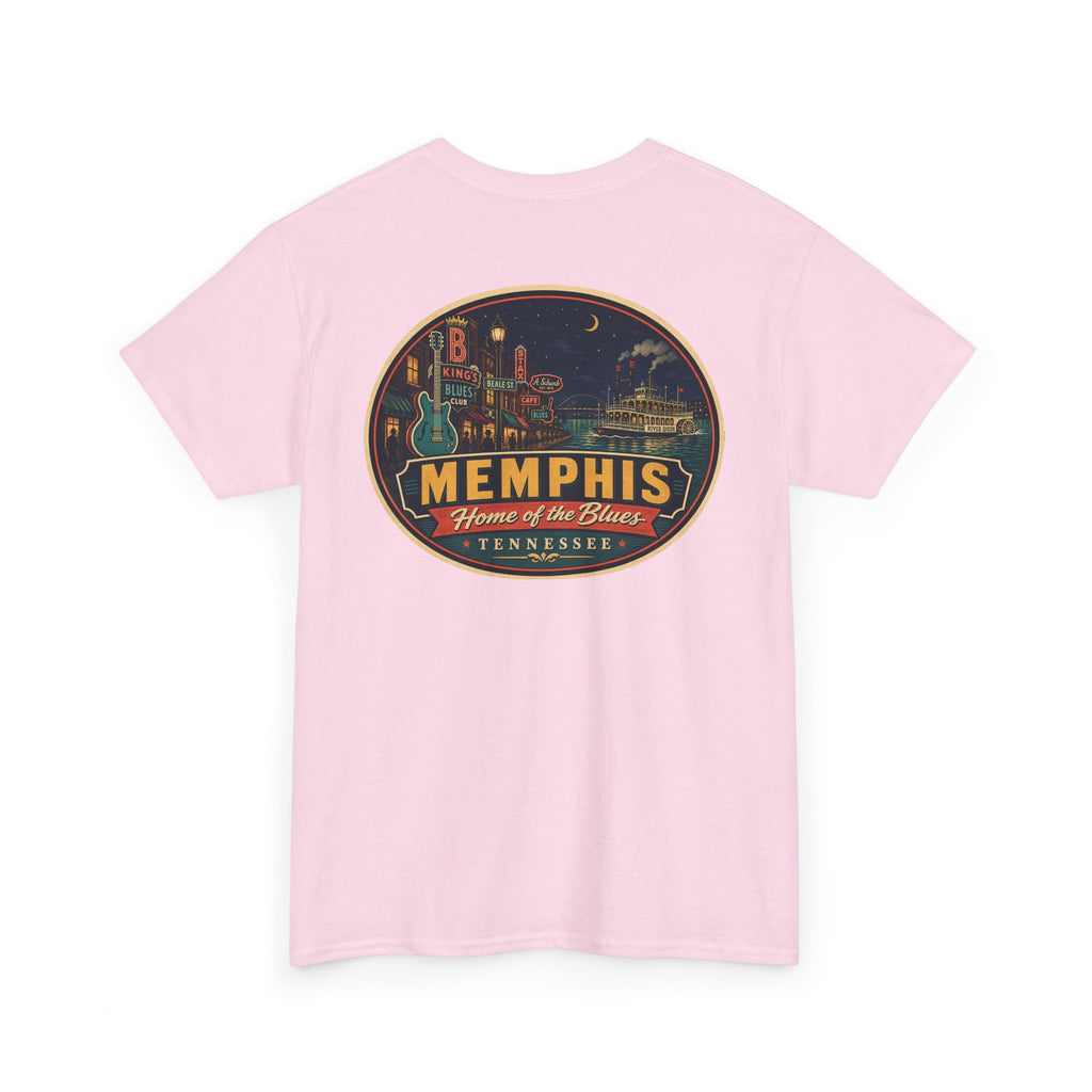Light pink crewneck T-shirt with Memphis luggage-tag skyline graphic logo