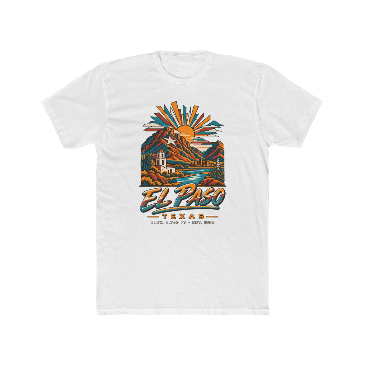 White T-shirt with vintage desert mountains, sun rays, and El Paso Texas graphic