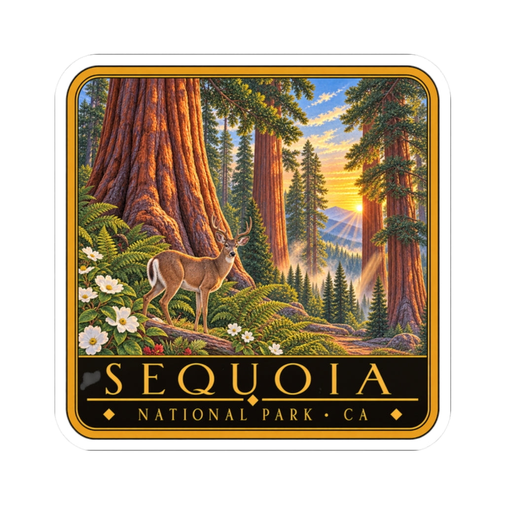 Square Sequoia National Park deer sticker decal with redwood trees, ferns, flowers