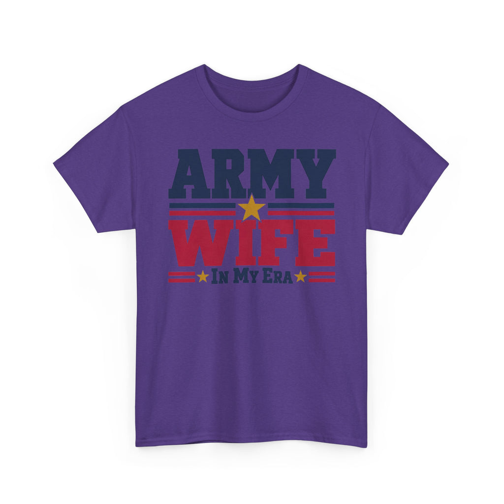 Purple crewneck graphic t-shirt with retro "Army Wife" patriotic text and star