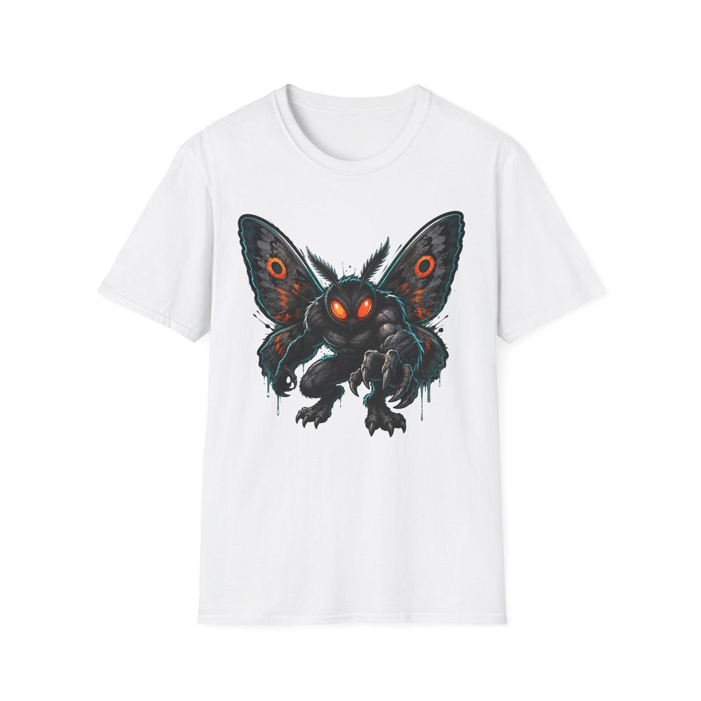 White crewneck T-shirt featuring a dark moth monster graphic with glowing orange eyes.