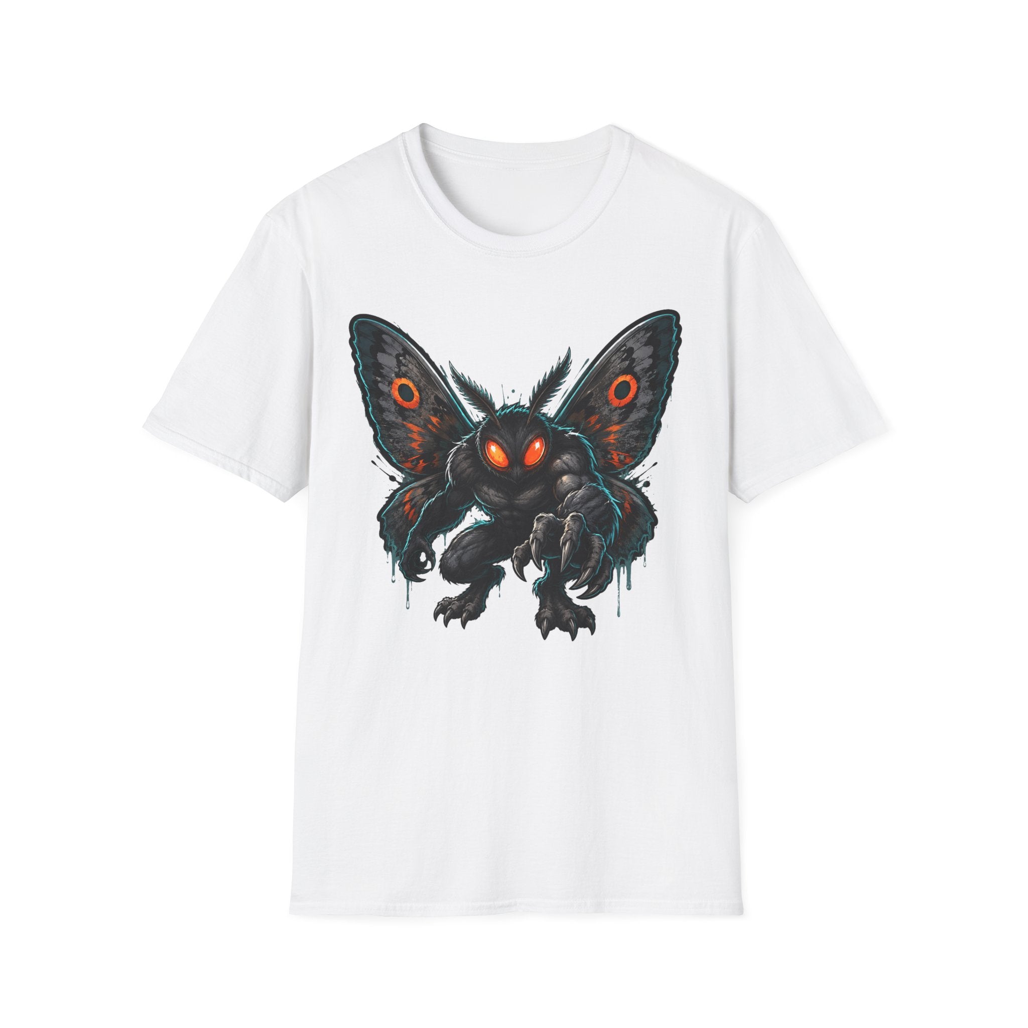 White crewneck T-shirt featuring a dark moth monster graphic with glowing orange eyes.