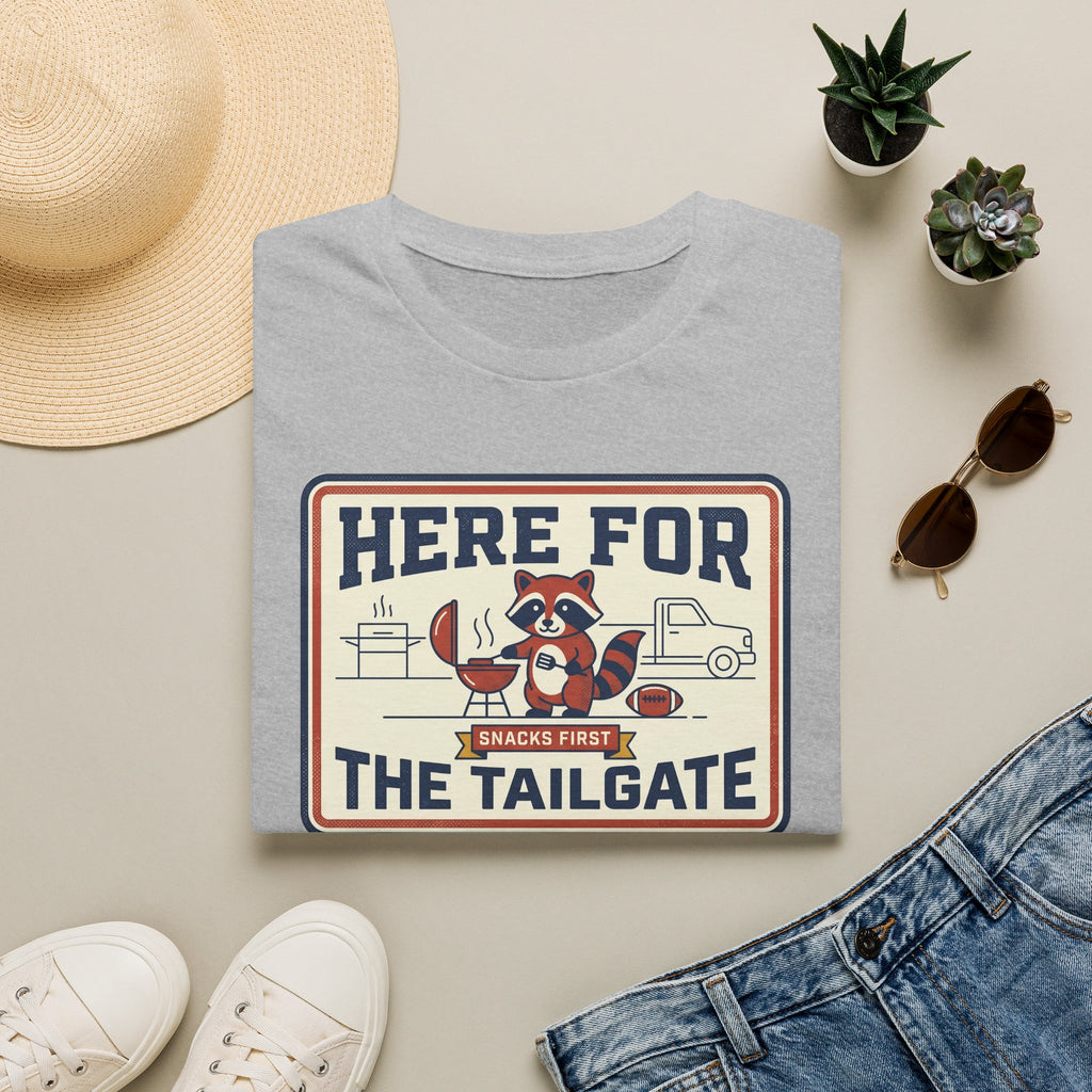 Light gray crewneck T-shirt with “Here for the Tailgate” raccoon graphic