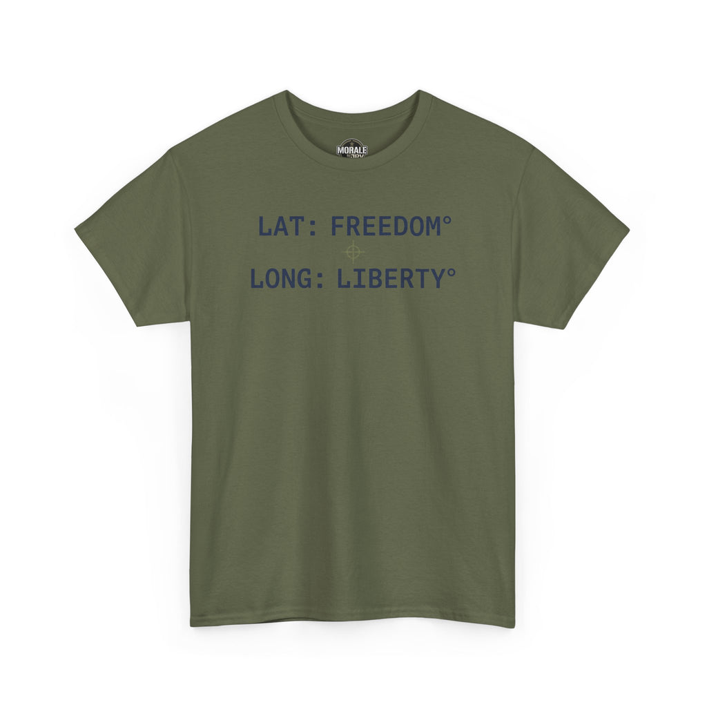 Olive unisex T-shirt with LAT: FREEDOM and LONG: LIBERTY text