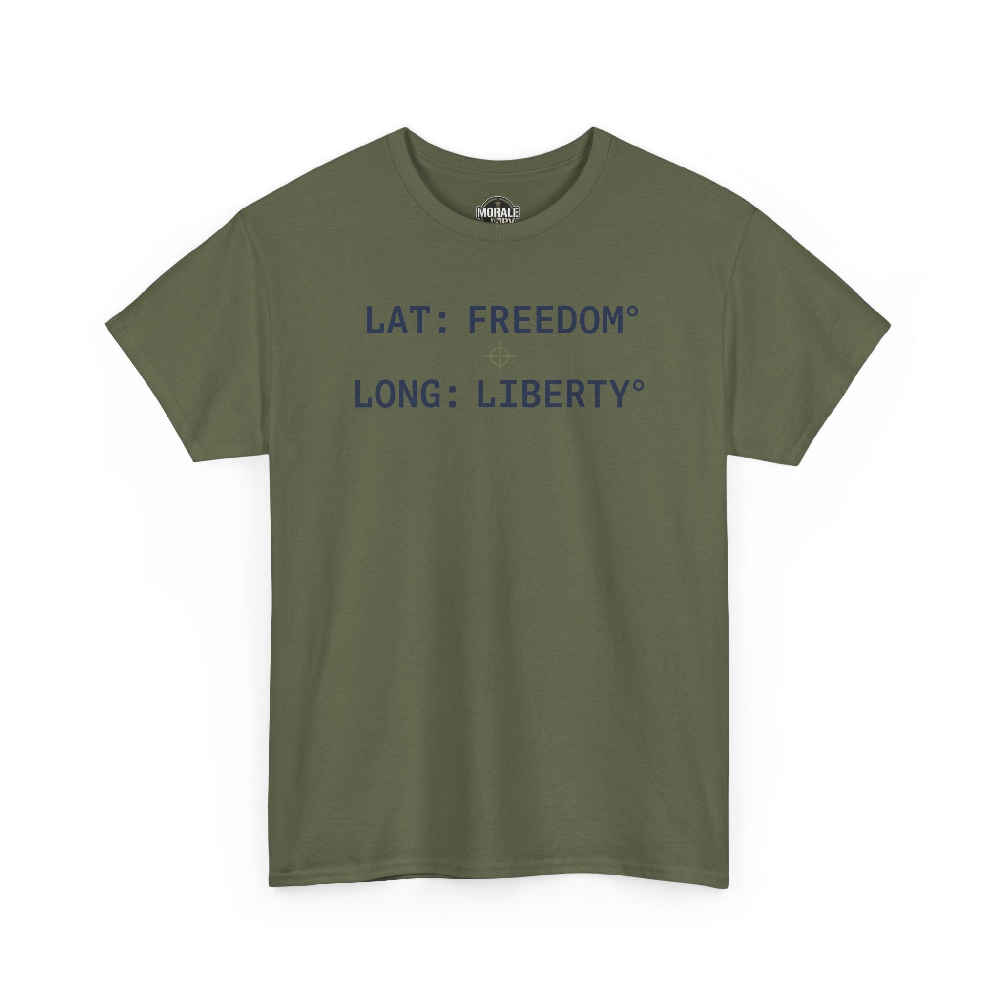 Olive unisex T-shirt with LAT: FREEDOM and LONG: LIBERTY text