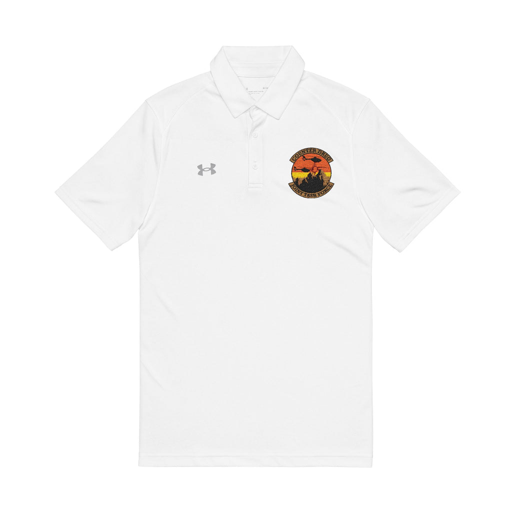 White men’s performance polo shirt with embroidered crest and UA logo at chest