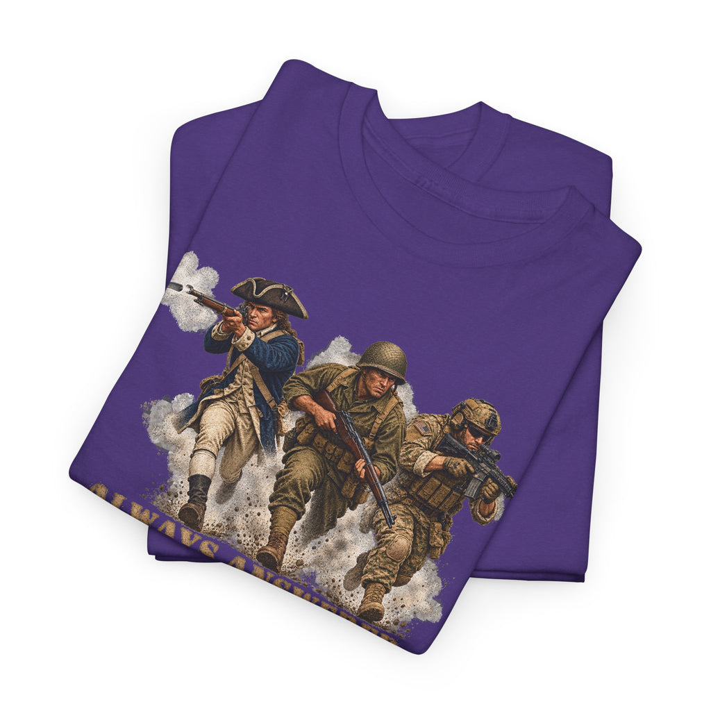 Purple crewneck T-shirt with patriotic soldier graphic print on front